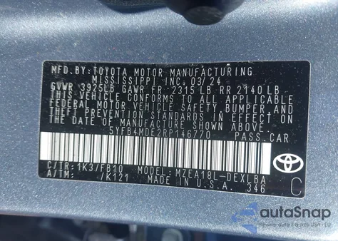 2024 Toyota Corolla Le z USA, uszkodzony, nr VIN 5YFB4MDE2RP146770